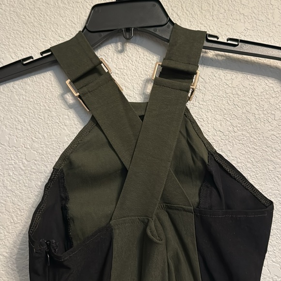 Rare London Green/Black Form Fitting Cross-Back Dress with Gold Buckle Details - Picture 4 of 10